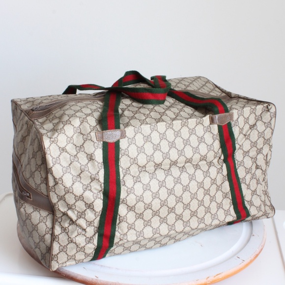 Gucci Duffle Bag GG Logo Canvas Brown Leather Trim Folding Travel Carry On 80s - Picture 8 of 15